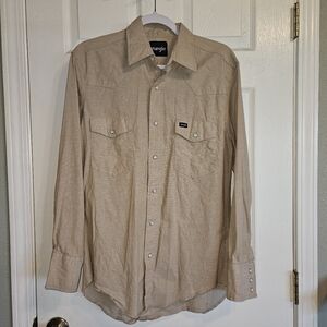 Wrangler Western Ranch Rodeo Men’s Med Pearl Snap Raw Hem Tan Work Shirt